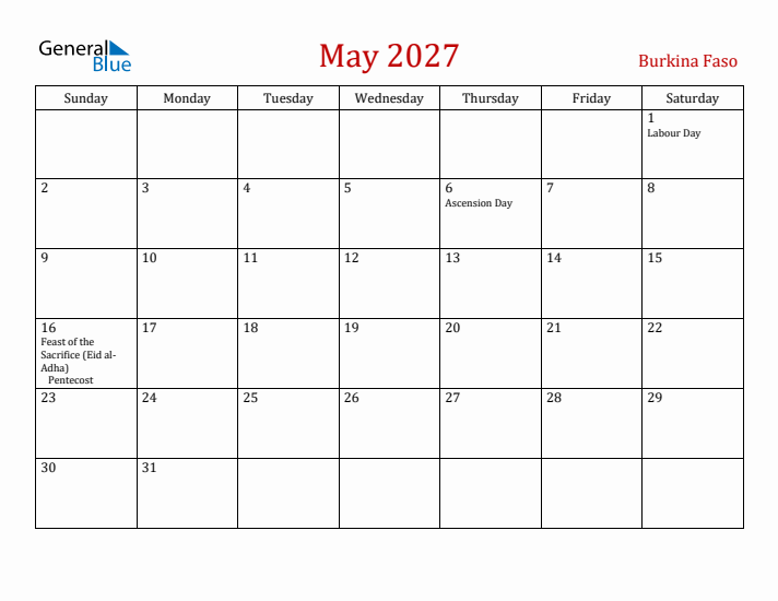 Burkina Faso May 2027 Calendar - Sunday Start
