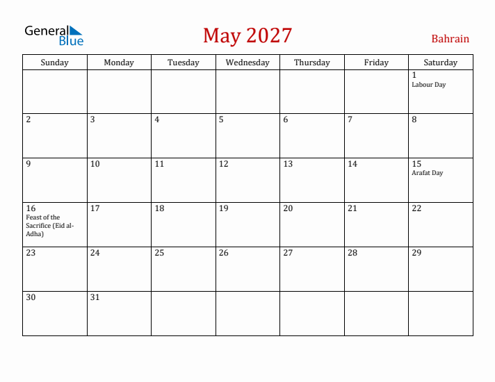 Bahrain May 2027 Calendar - Sunday Start