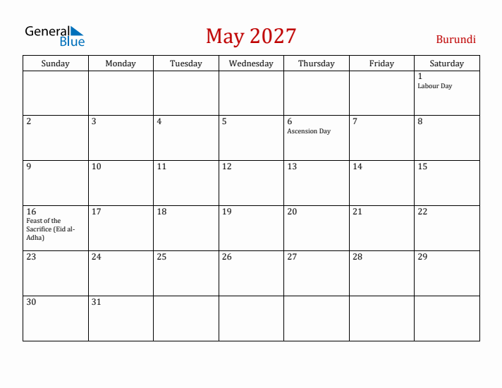 Burundi May 2027 Calendar - Sunday Start