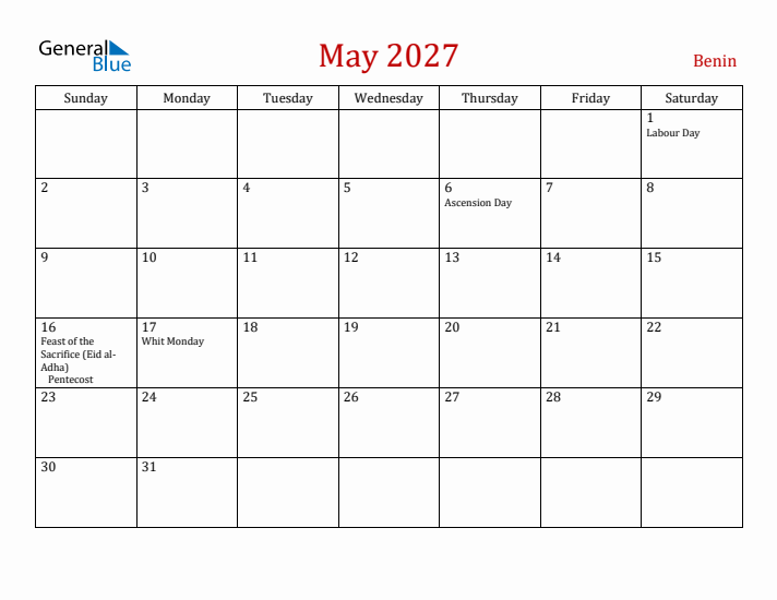Benin May 2027 Calendar - Sunday Start