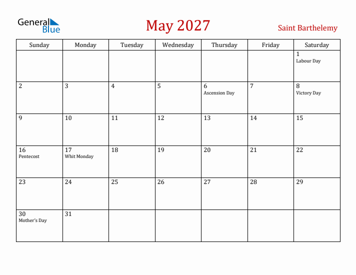 Saint Barthelemy May 2027 Calendar - Sunday Start