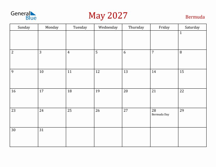 Bermuda May 2027 Calendar - Sunday Start