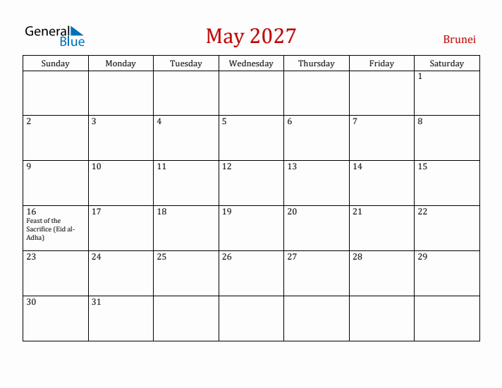 Brunei May 2027 Calendar - Sunday Start