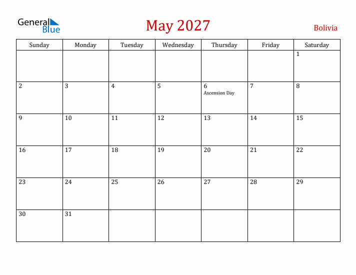 Bolivia May 2027 Calendar - Sunday Start