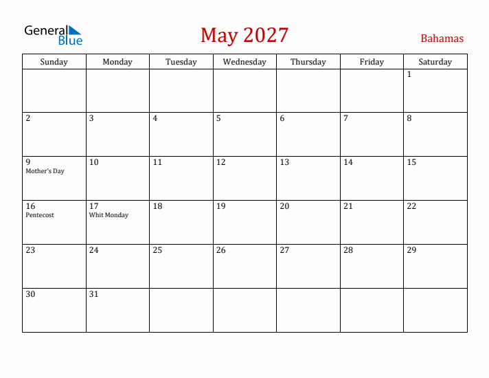 Bahamas May 2027 Calendar - Sunday Start