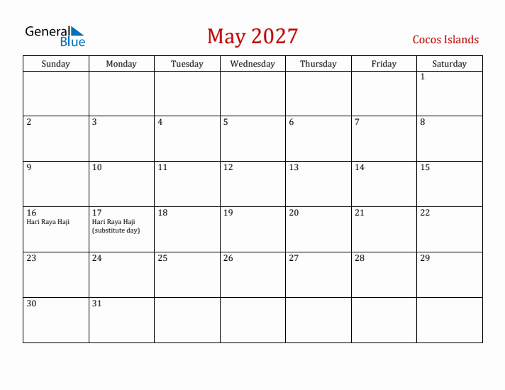 Cocos Islands May 2027 Calendar - Sunday Start