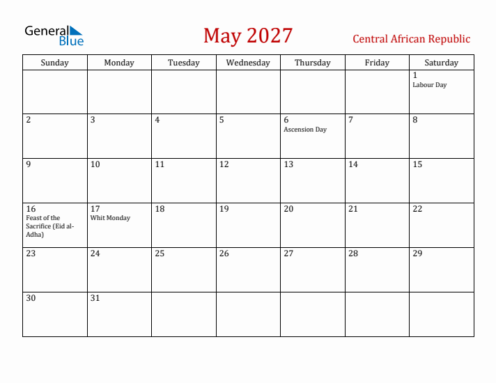 Central African Republic May 2027 Calendar - Sunday Start