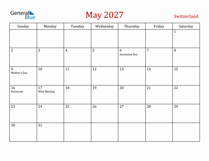 Switzerland May 2027 Calendar - Sunday Start