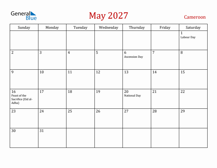 Cameroon May 2027 Calendar - Sunday Start