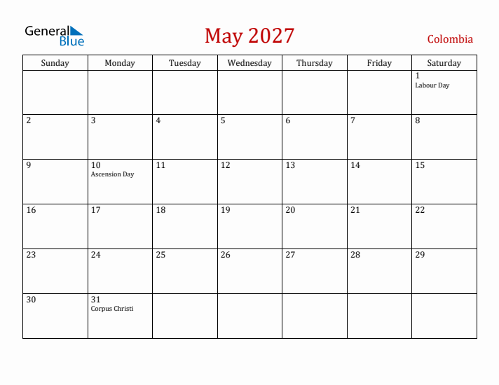Colombia May 2027 Calendar - Sunday Start