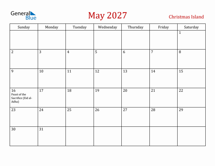 Christmas Island May 2027 Calendar - Sunday Start