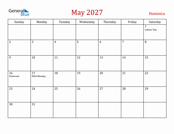 Dominica May 2027 Calendar - Sunday Start