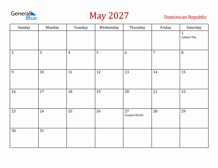 Dominican Republic May 2027 Calendar - Sunday Start