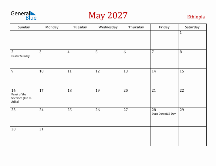 Ethiopia May 2027 Calendar - Sunday Start