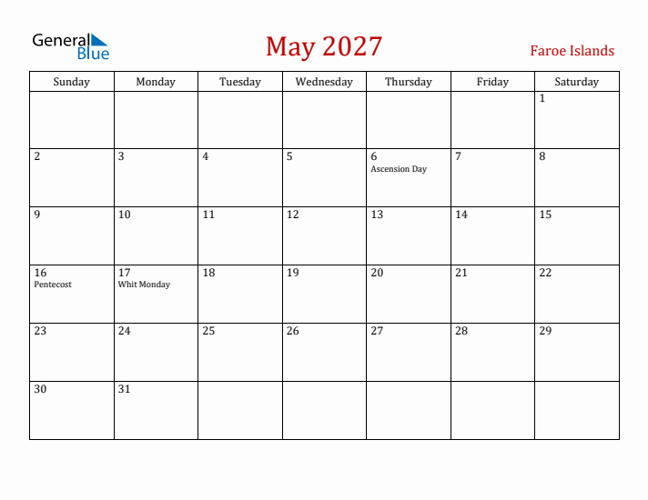 Faroe Islands May 2027 Calendar - Sunday Start