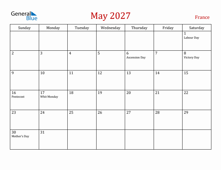 France May 2027 Calendar - Sunday Start