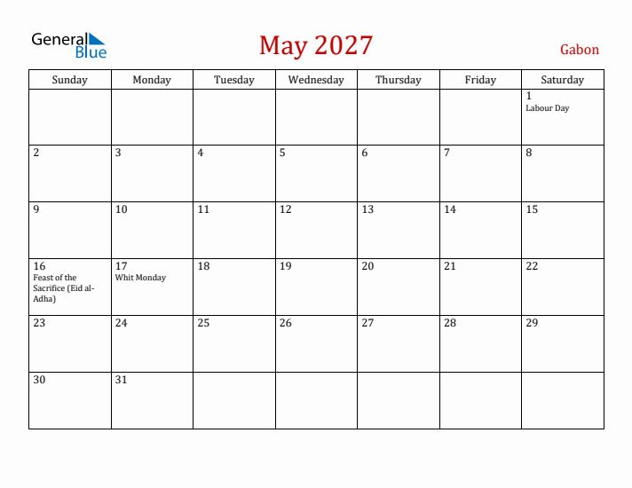 Gabon May 2027 Calendar - Sunday Start