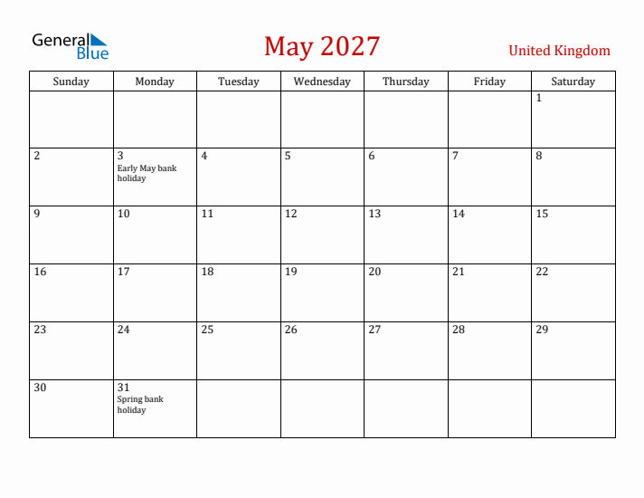 United Kingdom May 2027 Calendar - Sunday Start