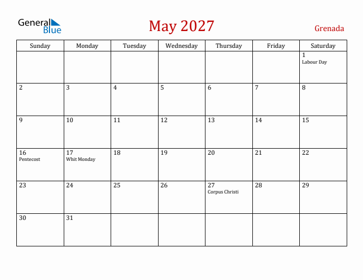 Grenada May 2027 Calendar - Sunday Start