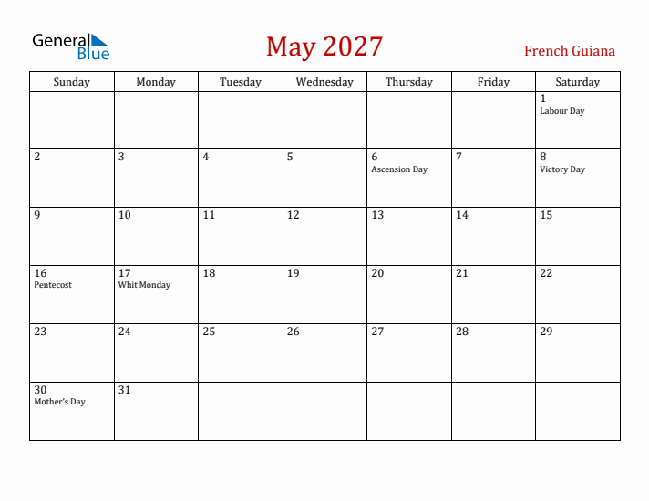 French Guiana May 2027 Calendar - Sunday Start