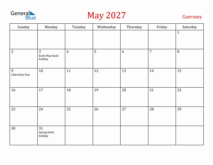 Guernsey May 2027 Calendar - Sunday Start