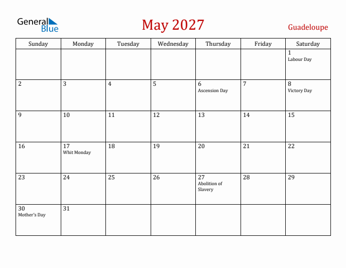 Guadeloupe May 2027 Calendar - Sunday Start