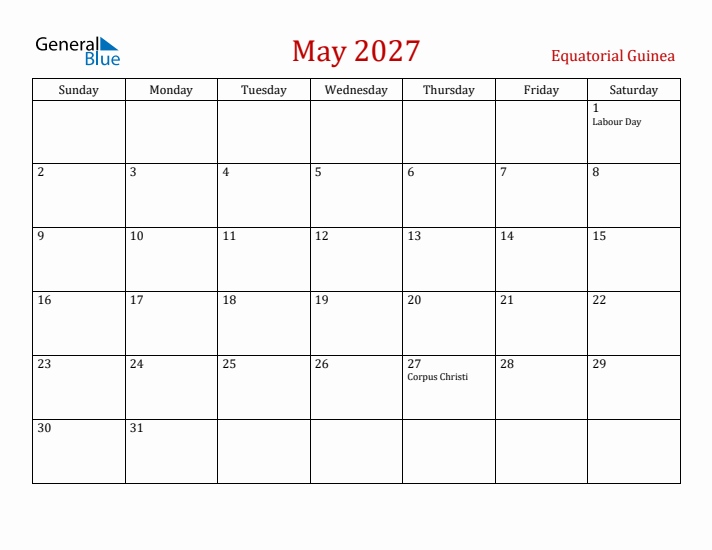 Equatorial Guinea May 2027 Calendar - Sunday Start