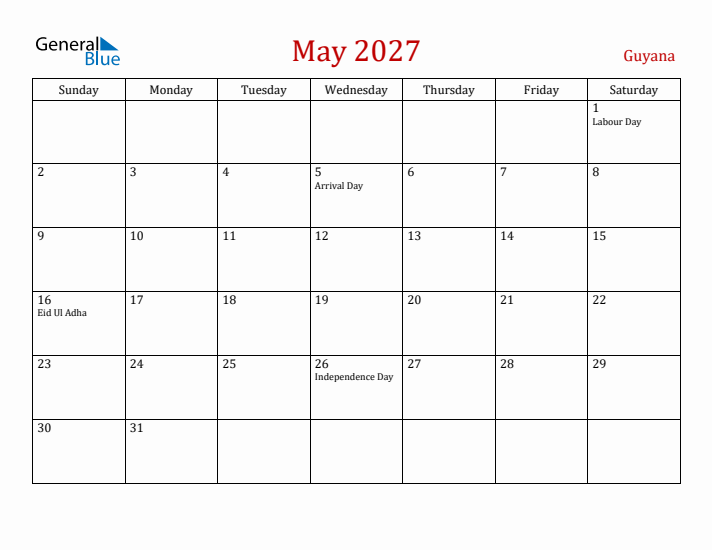 Guyana May 2027 Calendar - Sunday Start