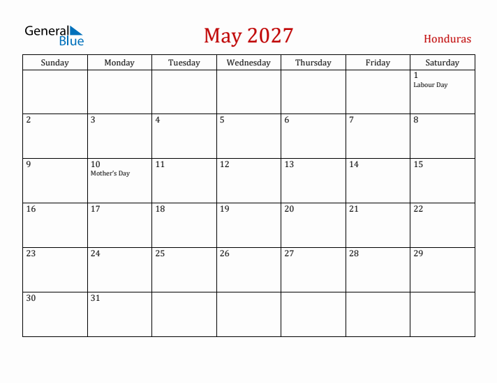 Honduras May 2027 Calendar - Sunday Start
