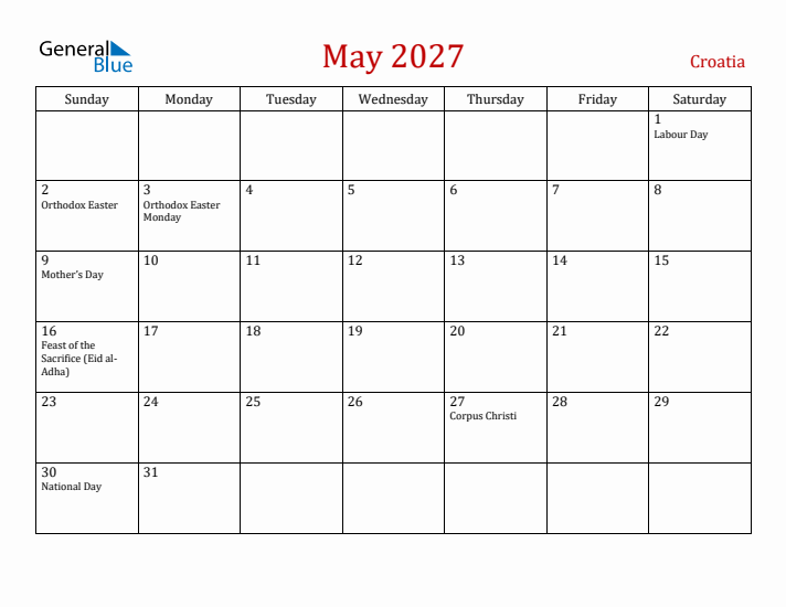 Croatia May 2027 Calendar - Sunday Start