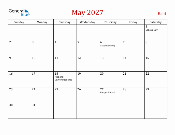 Haiti May 2027 Calendar - Sunday Start