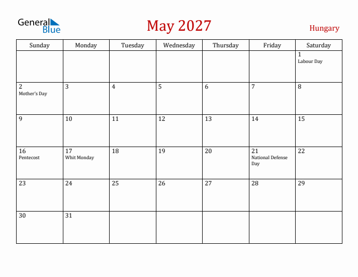 Hungary May 2027 Calendar - Sunday Start