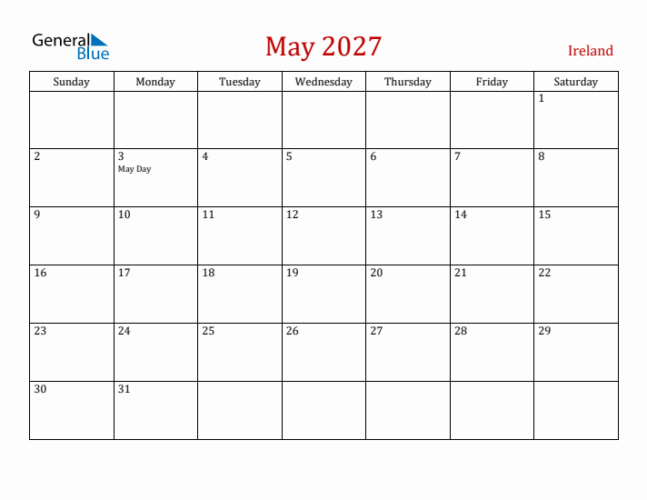 Ireland May 2027 Calendar - Sunday Start