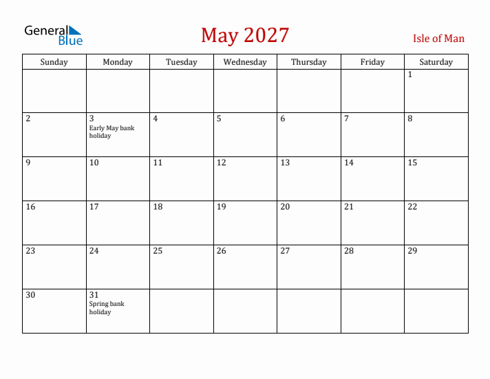 Isle of Man May 2027 Calendar - Sunday Start