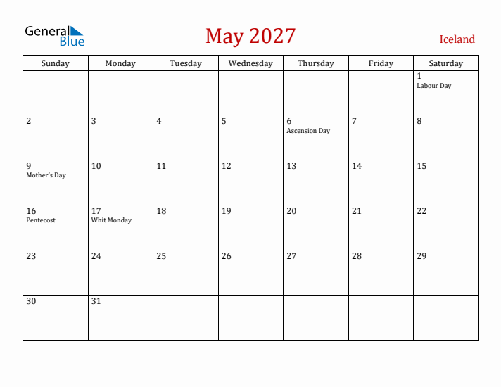 Iceland May 2027 Calendar - Sunday Start