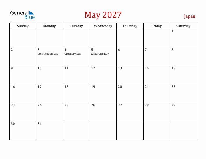 Japan May 2027 Calendar - Sunday Start