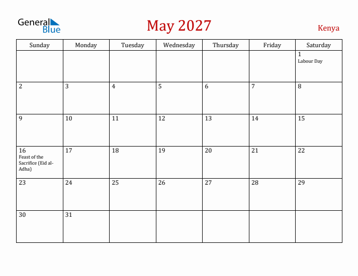 Kenya May 2027 Calendar - Sunday Start