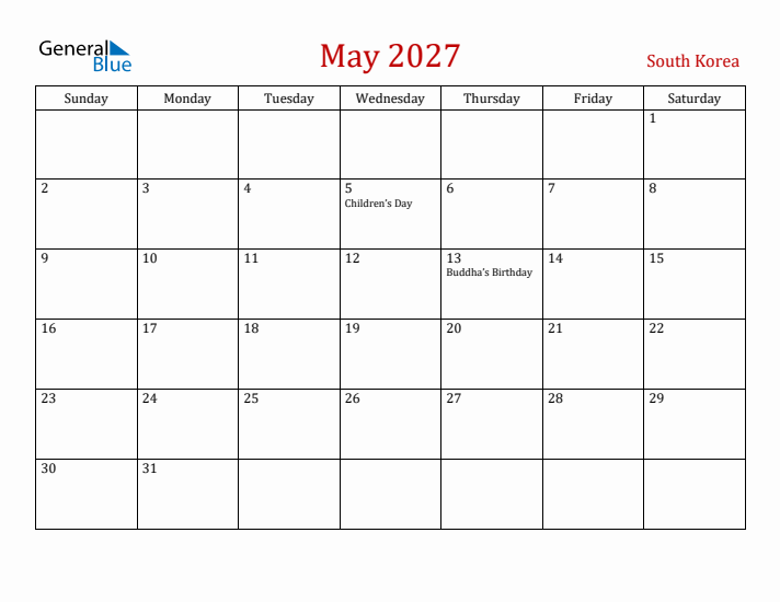 South Korea May 2027 Calendar - Sunday Start