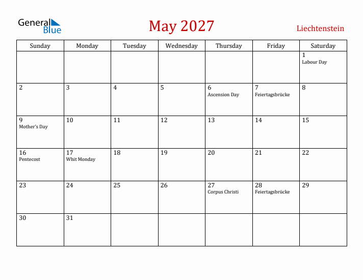Liechtenstein May 2027 Calendar - Sunday Start