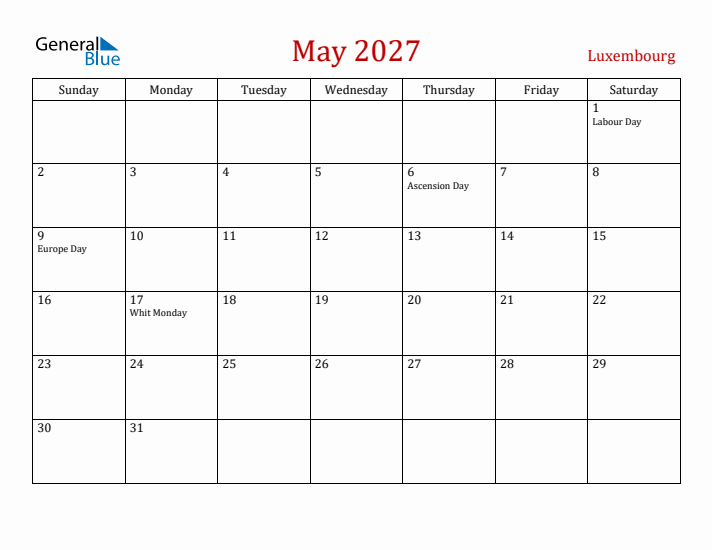 Luxembourg May 2027 Calendar - Sunday Start