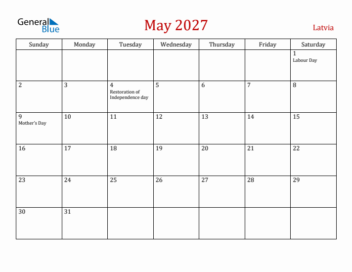 Latvia May 2027 Calendar - Sunday Start