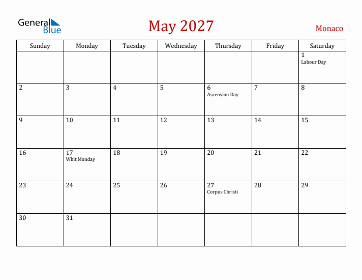 Monaco May 2027 Calendar - Sunday Start