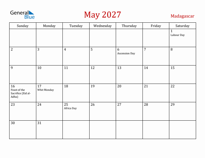 Madagascar May 2027 Calendar - Sunday Start