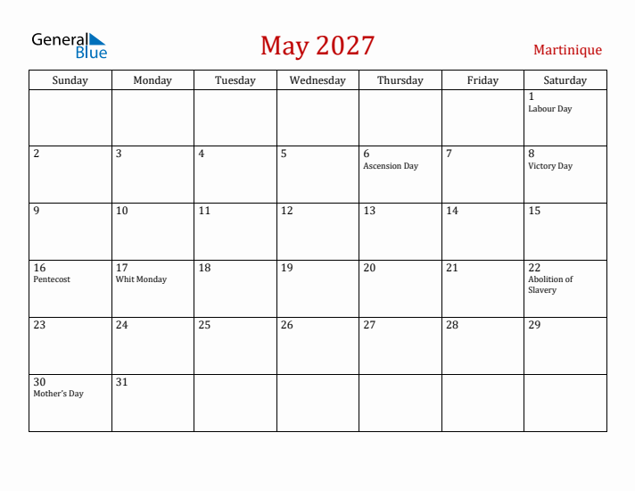 Martinique May 2027 Calendar - Sunday Start