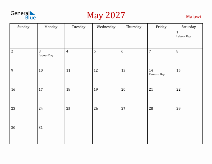 Malawi May 2027 Calendar - Sunday Start
