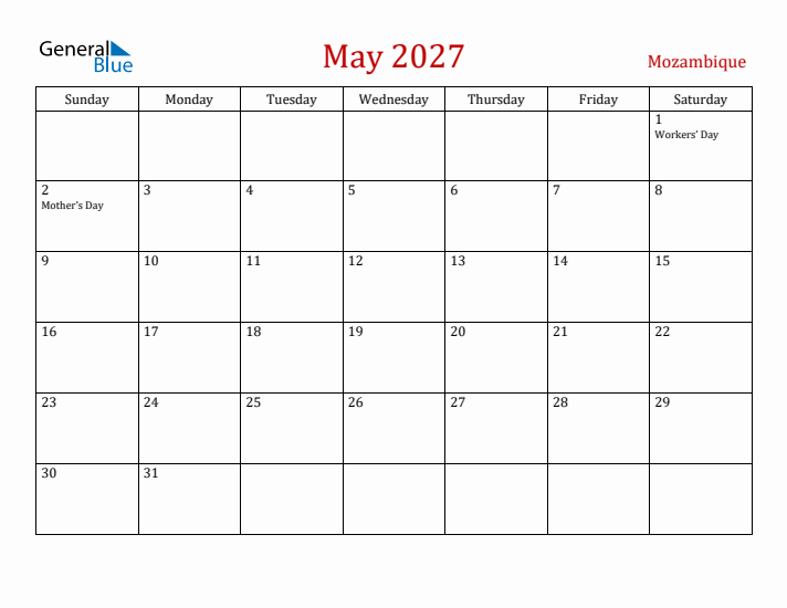 Mozambique May 2027 Calendar - Sunday Start