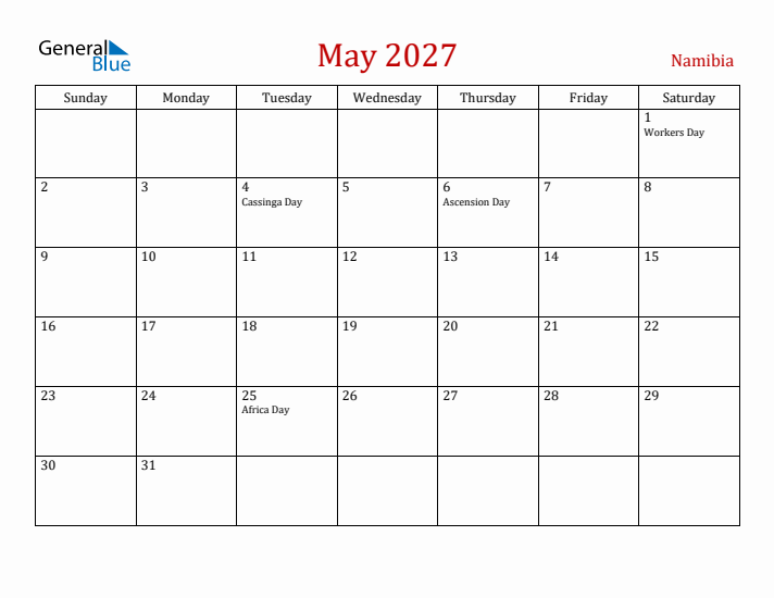 Namibia May 2027 Calendar - Sunday Start