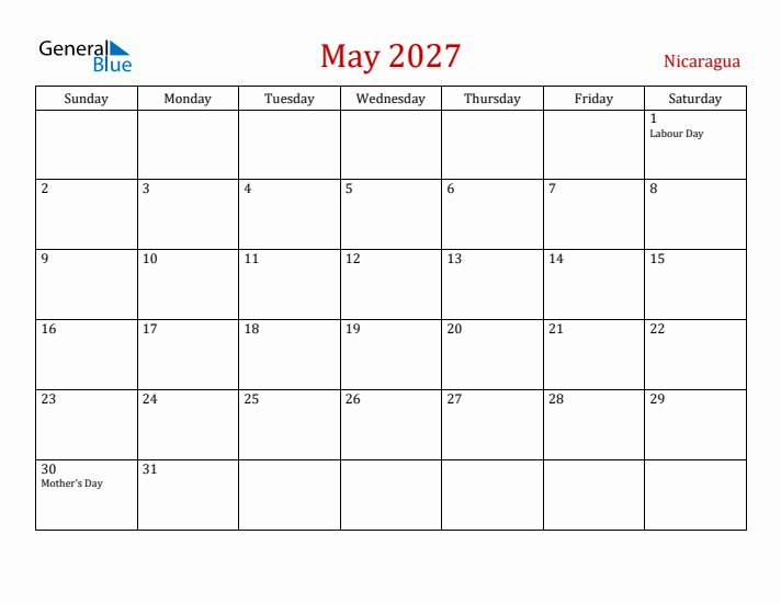 Nicaragua May 2027 Calendar - Sunday Start