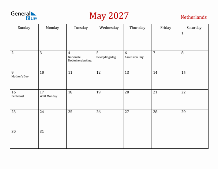 The Netherlands May 2027 Calendar - Sunday Start
