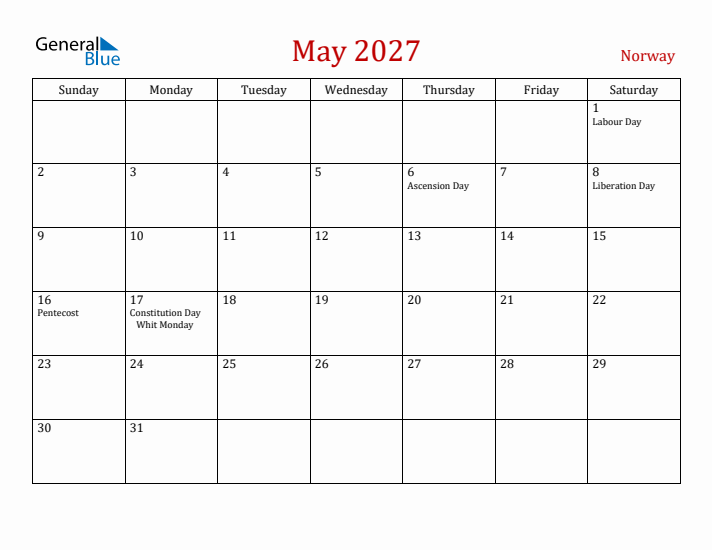 Norway May 2027 Calendar - Sunday Start